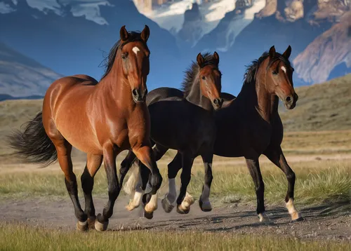 Horses (stallion, mare and foal) are running on the beautiful background of Chilean Andes. Torres del Paine National Park, Ultima Esperanza Province, Magallanes and Antartica Chilena Region XII, Patag