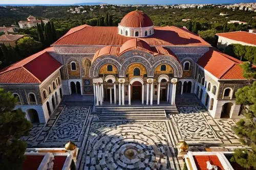 Byzantine architectural exteriors, ancient Greek Orthodox Church, ornate detailed stone carvings, intricate mosaics, golden domes, grandiose entrance arches, red roofing tiles, white marble columns, o