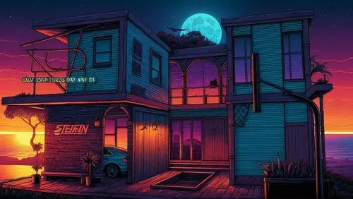 an image of a building at night on the beach,neon ghosts,beachhouse,beach house,house silhouette,digitalism,motel,Illustration,Realistic Fantasy,Realistic Fantasy 25