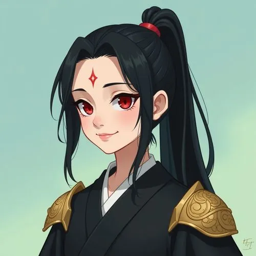 The image features a digital illustration of a young person with long, black hair styled in a high ponytail, with some strands falling around the face. The individual has pale skin, almond-shaped red 