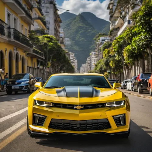 Yellow Camaro car in the city of Rio de Janeiro, Brazil,chevrolet ss,chevrolet camaro,camaro,bumblebee,yellow car,lamborghini urus,senna,bumble bee,chevrolet sonic,mégane rs,saleen s281,pontiac gto,st