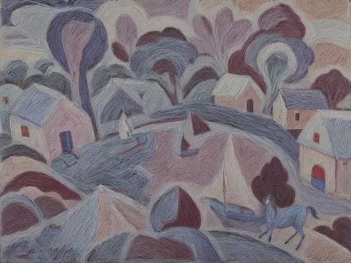 a drawing shows houses and trees in a landscape with a gray sky,blanchfield,voysey,bluemner,bawden,laurencin,roerich,Common,Common,None