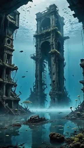 underwater landscape,underwater playground,atlantis,underwater oasis,sunken church,waterworld,underwater background,atlantik,atlantica,undersea,ocean underwater,midwater,submerged,cube sea,ocean floor,sunken ship,ancient city,subkingdom,aquarium,underwater world,Conceptual Art,Fantasy,Fantasy 33