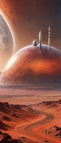 Futuristic, moon-to-Mars, space exploration architecture, sleek metallic structure, silver bullet-shaped spacecraft, vibrant LED lights, transparent glass dome, Mars' red terrain, rocky formations, va