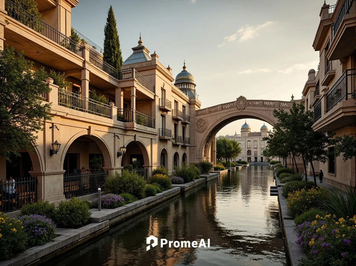 Ornate bridge, grandiose arches, intricately carved stone balustrades, gilded accents, ornamental lanterns, majestic river views, serene water reflections, lush greenery, vibrant flowers, natural ston