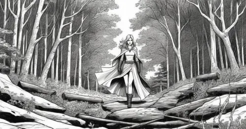 sketch, woman, forestry background, black and white,a drawing of a woman walking through a snowy forest,thranduil,mirkwood,finrod,thingol,elric,claymore,Illustration,American Style,American Style 13