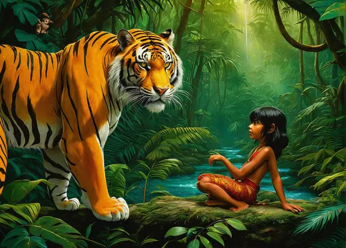 tropical animals,exotic animals,she feeds the lion,asian tiger,tigers,deep zoo,tiger lily,amazonian oils,mowgli,king of the jungle,wild animals,forest animals,animalia,fantasy picture,animal world,sumatran,tarzan,a tiger,jungle,world digital painting,Illustration,Realistic Fantasy,Realistic Fantasy 08