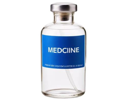 Medicine bottle, transparent glass, round shape, white label, blue font, silver cap, detailed reflections, solo, 3/4 composition, soft focus, shallow depth of field, warm color tone, cinematic lightin