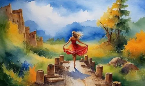 watercolor background,woman at the well,watercolor painting,girl walking away,world digital painting,wishing well,watercolor,girl on the stairs,girl in the garden,girl with tree,landscape background,g