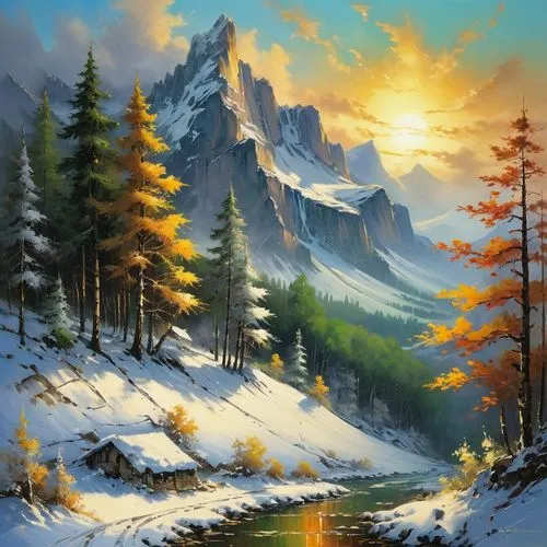 mountain scene,snow landscape,mountain landscape,winter landscape,alpine landscape,landscape background,Conceptual Art,Oil color,Oil Color 06