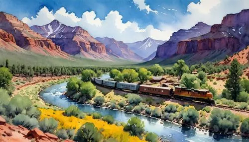 rio grande river,yampa,travel trailer poster,railtours,river landscape,mountain scene,ouray,uncompahgre,narrow gauge,steam train,grand canyon,travel poster,steam locomotives,salt meadow landscape,railways,mountain river,zions,catarpe valley,telluride,mountainous landscape,Conceptual Art,Oil color,Oil Color 07