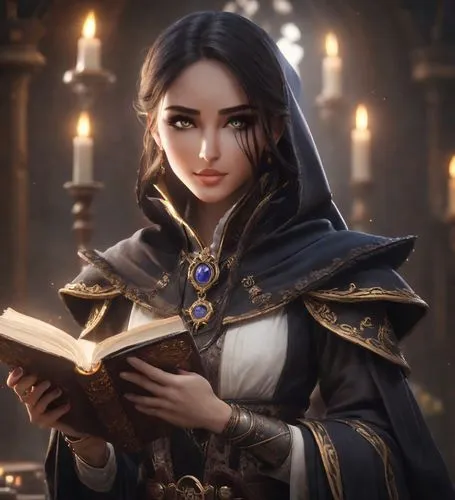 fantasy portrait,librarian,sorceress,prayer book,scholar,jaya,priestess,mystical portrait of a girl,eufiliya,magic book,artemisia,magic grimoire,sterntaler,elza,author,mage,romantic portrait,fantasy art,cg artwork,dodge warlock,Photography,Commercial