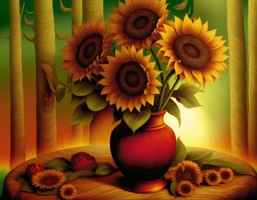 feel safe when you are here,a vase with yellow sunflowers is sitting on a table,sunflowers in vase,sunflower paper,sunflowers,flower painting,sunflower coloring,sun flowers,Illustration,Realistic Fant