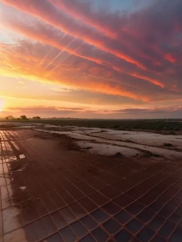 艳红的黄昏天空，沙地战场,a view of the sunrise and clouds near a beach,solar farm,solar field,solarcity,solar power plant,sunedison,salt pans,salt pan,greenhouse effect,grain field panorama,photovoltaic,buttonwil