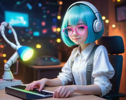 girl at the computer,hatsune miku,cybercafes,girl studying,headset,wireless headset,programadora,anime 3d,blur office background,matritech,computerologist,night administrator,3d render,djn,kula,computer freak,hikikomori,lan,gamer,computer game,Illustration,Abstract Fantasy,Abstract Fantasy 06