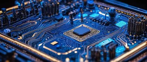 Microscopic view, futuristic laboratory, CPU motherboard, tiny robotic arms assembling, intricate circuits, shiny metallic surfaces, neon blue lights, complex architecture, 3D rendered, high-tech, det