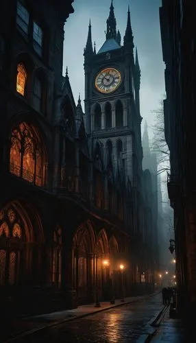 haunted cathedral,clocktower,theed,arkham,bioshock,victorian,dishonored,de ville,clock tower,gcpd,gotham,gothic church,dusk,eerie,victoriana,dickensian,nacht,corvo,hogwarts,raimi,Art,Classical Oil Painting,Classical Oil Painting 13