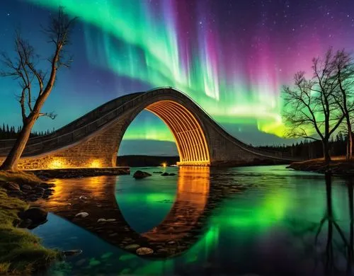 In the tranquil night scene, the sky is adorned with mesmerizing Northern Lights and a canopy of twinkling stars. Below, a serene river flows gently beneath a bridge, reflecting the celestial display 