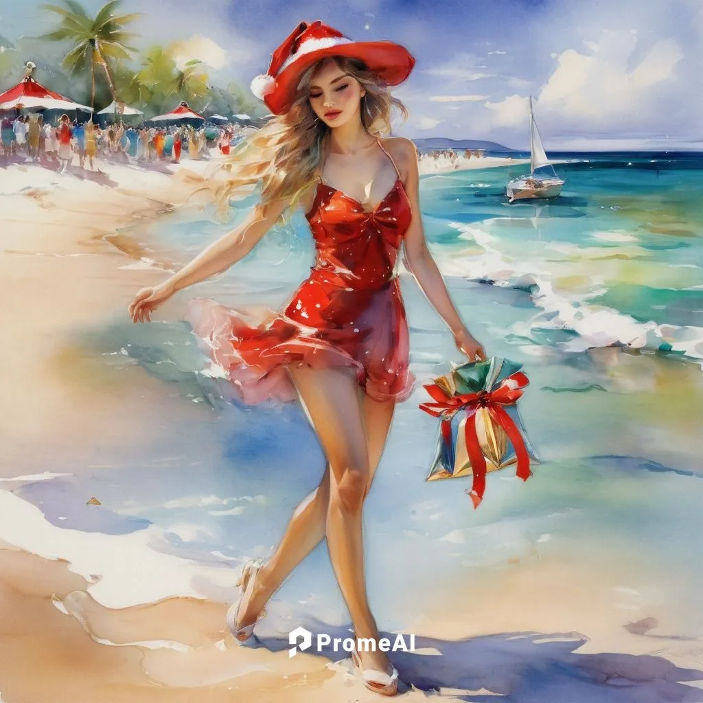 christmas in july on the beach in lagoon,santa claus at beach,christmas on beach,beach background,holidaymaker,donsky,christmas pin up girl,man in red dress,lady in red,beachwear,red hibiscus,beautifu