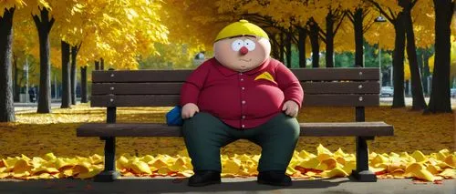 Cartman, South Park, chubby, blond hair, blue eyes, yellow shirt, red hat, black pants, sneakers, sitting on a bench, eating chips, surrounded by trees, autumn leaves, sunny day, warm lighting, comedi