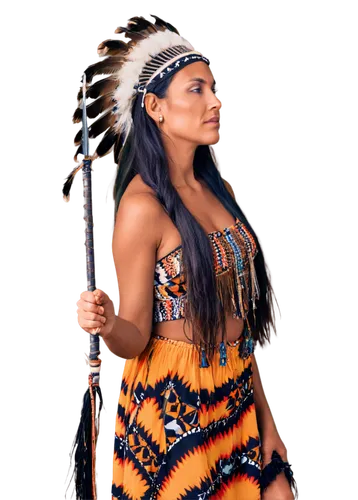 Native American, traditional headdress, feather accessories, strong facial features, dark skin tone, braided black hair, colorful tribal clothing, beaded jewelry, holding a spear, standing in profile,