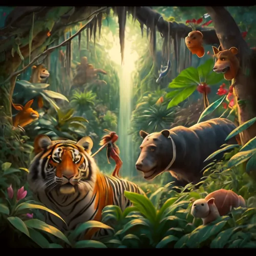 forest animals,woodland animals,tropical animals,jungle,king of the jungle,tigers,hunting scene,the law of the jungle,animals hunting,animal world,animal kingdom,rain forest,cartoon forest,children's 