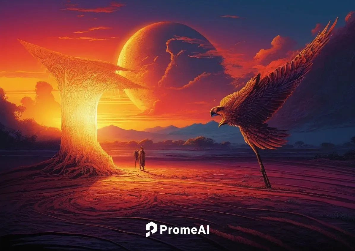 sunset at africa,fantasy picture,bird kingdom,fantasy landscape,fire planet,garrison,sci fiction illustration,fantasy art,alien planet,pheonix,samuil,fenix,background image,sundancer,world digital pai