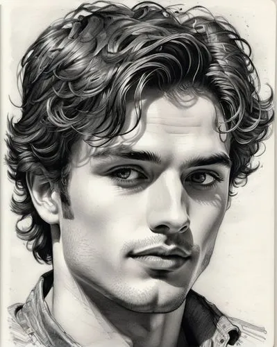 A shitless beautifully rendered black-and-white pen and ink sketch of a captivating young man graces the pages of a worn, The charming subject has a striking jawline and enigmatic eyes that seem to ho