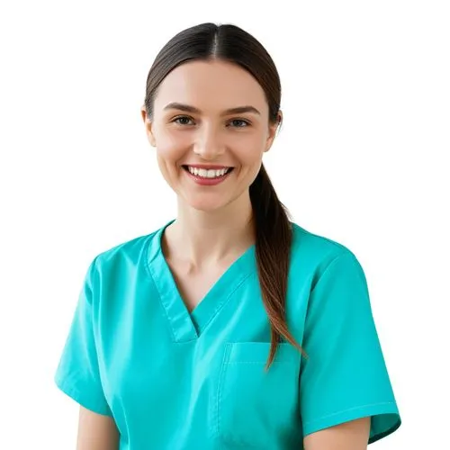 a smiling woman in scrubs with an id tag,healthcare worker,hygienist,healthcare professional,female nurse,anesthetist,neonatologist