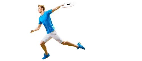 Ultimate frisbee player, male, athletic build, dynamic pose, mid-air jump, disc flying towards him, shiny metallic disc, vibrant blue sky, fluffy white clouds, 3D rendering, high-contrast lighting, dr