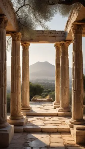 Ancient Greek temple, Doric columns, ornate carvings, marble material, intricate sculptures, rustic stone walls, grand entrance, symmetrical composition, warm golden lighting, soft focus, cinematic at