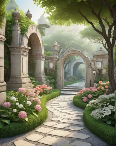 backgrounds,background with stones,fantasy landscape,flower garden,gardenias,pathway,gardens,calydonian,rose arch,cartoon video game background,the mystical path,aerith,background design,spring background,stone garden,arbor,frame flora,tunnel of plants,archways,landscape background,Art,Artistic Painting,Artistic Painting 44