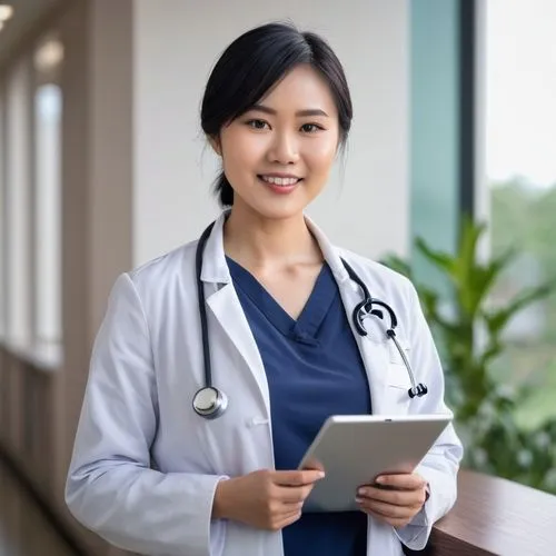 Asian woman, 25yo, fit, healthy skin, short black hair, minimal makeup, white doctor's coat, stethoscope around neck, holding a tablet, standing in front of a modern hospital background, bright lighti