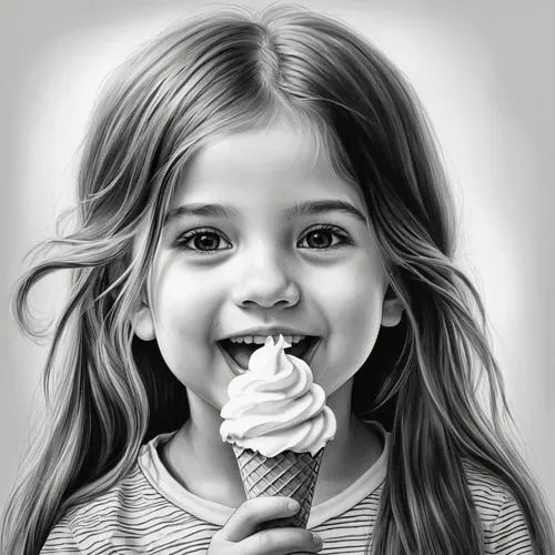 Face of a small cute girl in pencil sketch style, in black and white, with long hair, smiling, eating ice cream,icecream,ice cream,woman with ice-cream,ice-cream,kids illustration,ice creams,girl draw