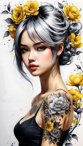 By Tun Tun,  Create tattoo design, yellow, black and white. A Beautiful jean lady, flowers, short twin tail hair. Please provide an in-depth critique of my artwork. Assess the composition, balance, an