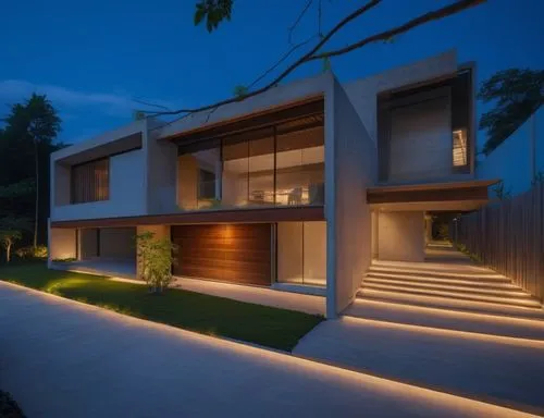 diseño exterior de una residencia estilo minimalista, con elementos de concreto, madera, cristal, rejilla de acero, vegetación, iluminación nocturna perfcetamente detallada, fotografia hiperrealista,a