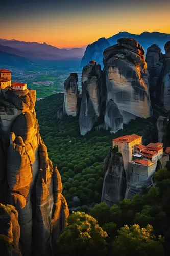 meteora,yellow mountains,karst landscape,mountainous landscape,monastery israel,mountain settlement,mountain landscape,mountain village,monastery,landscapes beautiful,hellenic,unesco world heritage,mountainous landforms,panoramic landscape,greece,unesco world heritage site,elbe sandstone mountains,the landscape of the mountains,peloponnese,athens,Illustration,Realistic Fantasy,Realistic Fantasy 36