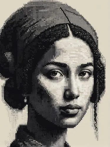 ASCII art, monochrome, pixelated, detailed portrait, solo, close-up, facial expression, emotive eyes, eyebrows, nose, mouth, intricate hairstyle, minimalist background, subtle texture, 8-bit, retro ae