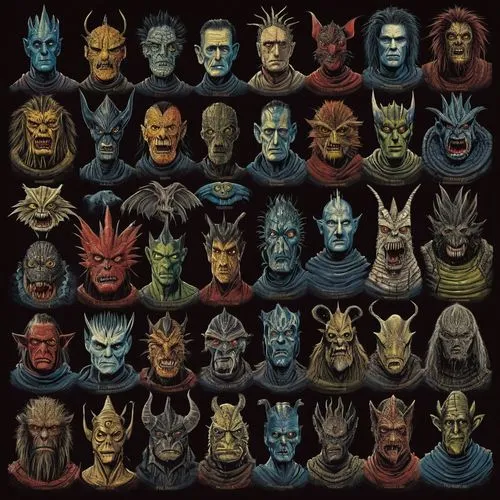 orcs,quintessons,horde,halloween masks,avatars,crown icons,Illustration,Realistic Fantasy,Realistic Fantasy 33