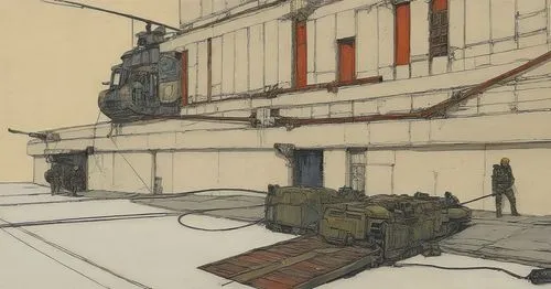 the drawing shows a soldier in uniform on a platform,carreau,hawken,tankette,warehouses,game drawing,carentan,dockyard,camera drawing,unbuilt,camera illustration,sketching,hangars,barracks,bastogne,ab