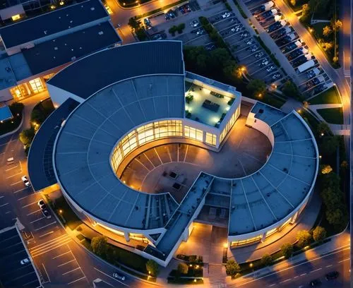 Гиперреализм, ночь, ночное освещение с подсветкой ,a round building with a clock built inside of it,bundestag,helipad,the european parliament in strasbourg,globen,wfla,aerial shot,Photography,General,