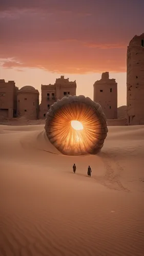 "In the movie Dune, desert scene, two people stand in front of a giant sandworm, with abandoned damaged buildings in the distance.",merzouga,capture desert,rem in arabian nights,desert flower,morocco 