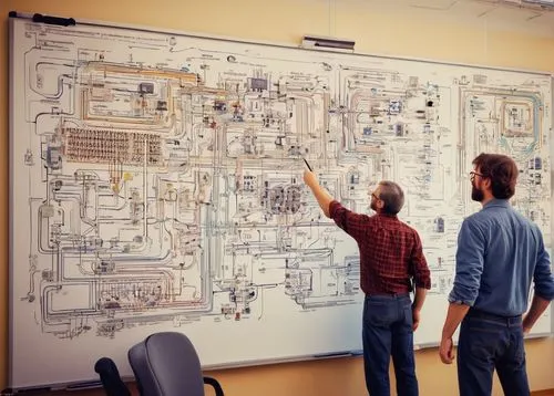 Modern computer system design and architecture lecture notes, whiteboard, professor, middle-aged man, glasses, beard, brown hair, worn jeans, casual wear, standing, gesturing, pointing, explaining, co