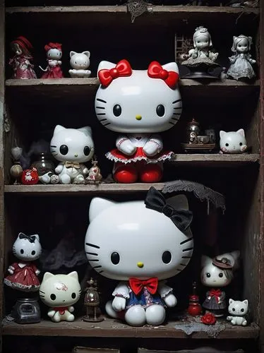 Cute but eerie Hello Kitty, Sanrio characters, black cat ears, red bow, white fur, glow-in-the-dark eyes, creepy smile, torn and worn clothing, old vintage toys, abandoned dolls, haunted porcelain, sp