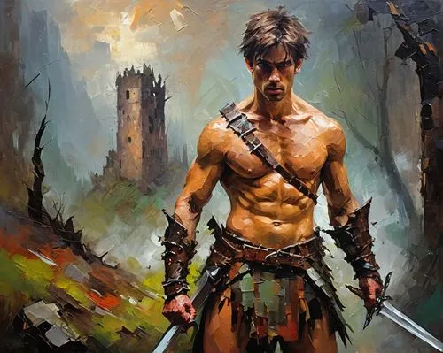 barbarian,female warrior,fantasy warrior,warrior,swordsman,the warrior,spartan,gladiator,lone warrior,male elf,warlord,sparta,warrior woman,male character,siam fighter,fantasy art,warrior east,dane axe,black warrior,highlander,Conceptual Art,Oil color,Oil Color 20