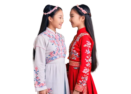 Two girls, Chinese traditional clothes, intricate embroidery, long braids, gentle smiles, soft eye contact, holding hands, standing back to back, warm sunlight, subtle facial expressions, delicate fea