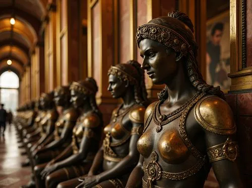 Ancient bronze statues, luxurious metallic sheen, warm golden undertones, ornate detailing, classical architecture, grandiose columns, intricate moldings, weathered patina, rich brown hues, oxidized s