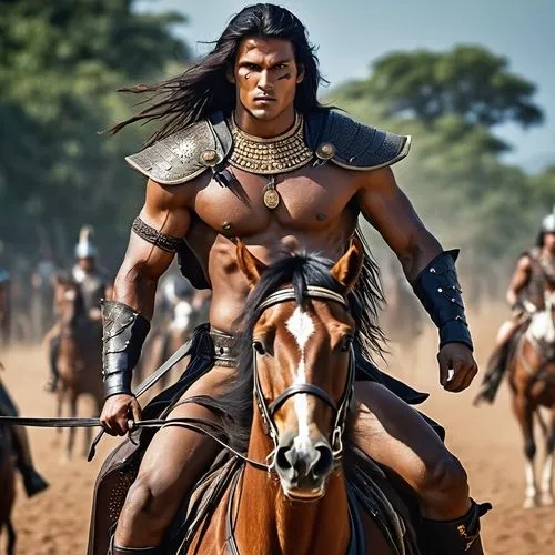 Male fierce tanned  dirty face warriors on  horse back, dark long hair, full front view,a native american man riding a horse with other horses,drona,parshuram,dhritarashtra,porus,atharva,hurrian,Photo