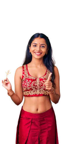 Hindu festival, happy Akshaya Tritiya, Indian woman, solo, (25yo), bright smile, bindi, traditional red dress, gold jewelry, henna hands, colorful rangoli, diyas, sparklers, festive atmosphere, warm l