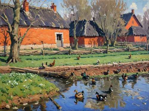 david bates,moret-sur-loing,braque du bourbonnais,cottages,moated,village scene,dutch landscape,ducklings,ducks,rural landscape,brook landscape,farm landscape,wild ducks,geese,home landscape,motif,constable,holland,early spring,braque francais,Art,Artistic Painting,Artistic Painting 04